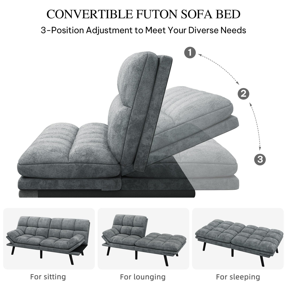 YITAHOME 70″ Convertible Futon Sofa Bed, Cat-Scratch-Proof Fabric Futon Couch with Adjustable Backrest and Armrest, Modern Loveseat Sleeper for Living Room Home Office, Dark Grey YITAHOME