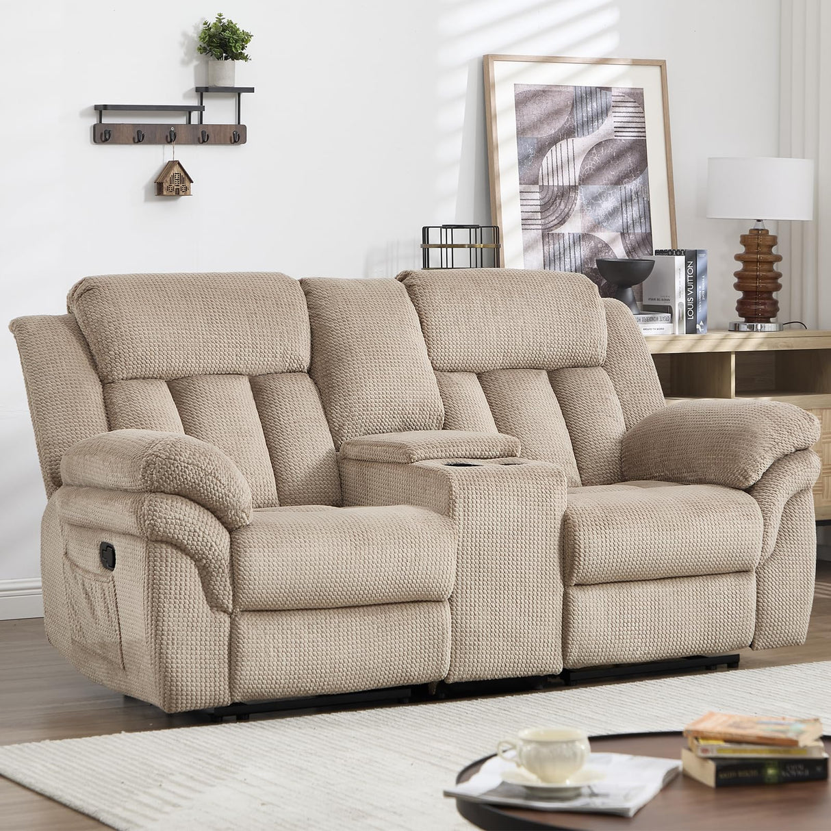 CANMOV Recliner Sofa Set, Manual Recliner Loveseat with Overstuffed Armrest for Living Room,Bedroom Furniture,Office,2 Seat Light Brown CANMOV