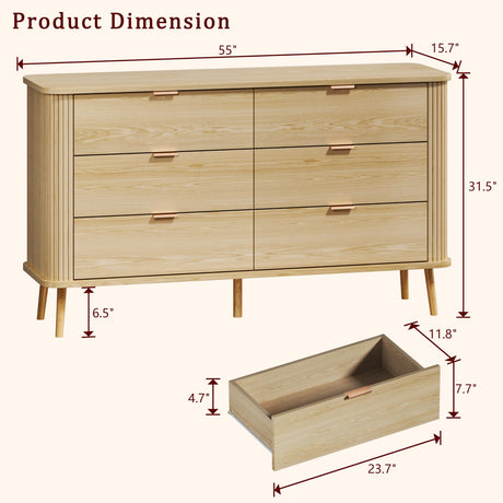 HUAHUU Fluted 6 Drawers Dresser for Bedroom, 55" Mid Century Modern Dresser & Chests of Drawers, Curved Profile Design, Dressers TV Stand, Wood Storage for Hallway, Entryway, Oak HUAHUU