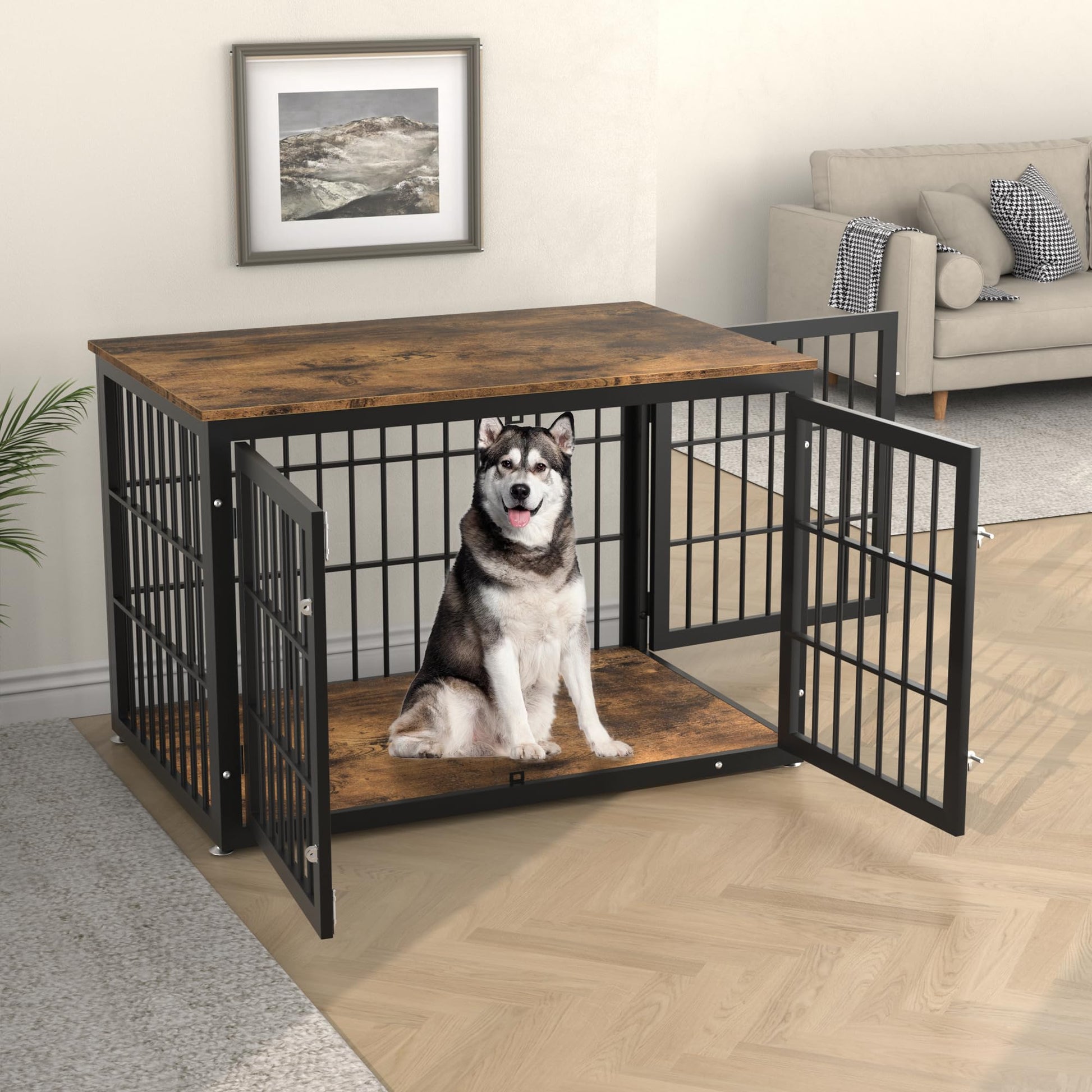 rehomerance Rustic Heavy Duty Dog Crate Furniture for Extra Large Dogs, Decorative Pet House End Table, Wooden Cage Kennel Furniture Indoor, XL, Black and Brown - WoodArtSupply