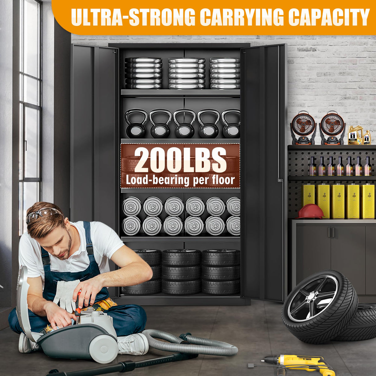 Metal Storage Cabinets, 71'' Tall Metal Garage Storage Cabinets with Lock,Sturdy Metal Cabinet Storage with 4 Adjustable Shelves and Doors, BLack Steel Cabinet for Garage,Offices,Basement,Storerooms Leariso