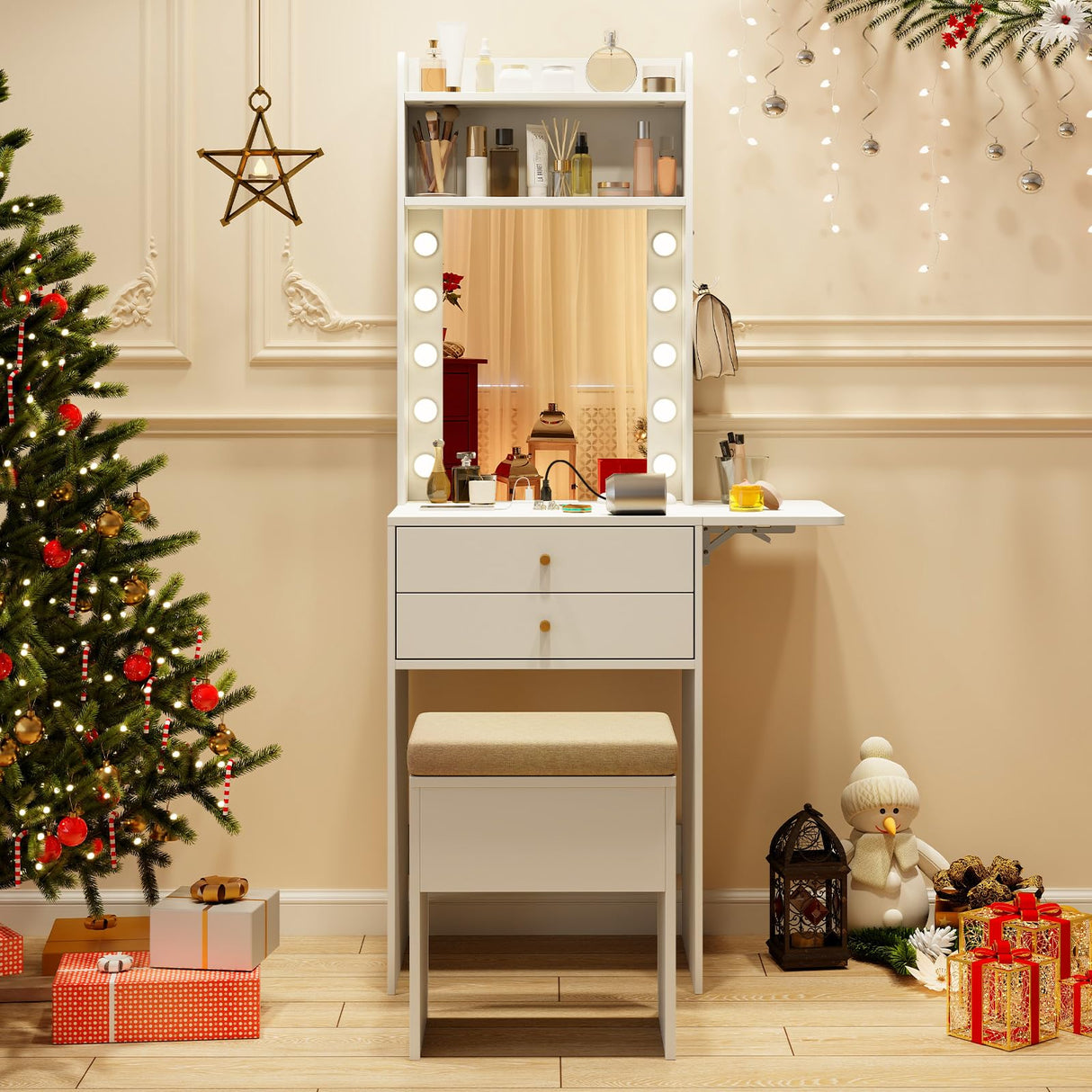 LDAILY Small Vanity Desk with Mirror and Lights, Modern Slim 3 in 1 Vanity Desk with Charging Station and Foldable Side Table, Compact Vanity with Hidden Chair and 2 Drawers for Bedroom (White) LDAILY