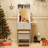 LDAILY Small Vanity Desk with Mirror and Lights, Modern Slim 3 in 1 Vanity Desk with Charging Station and Foldable Side Table, Compact Vanity with Hidden Chair and 2 Drawers for Bedroom (White) LDAILY