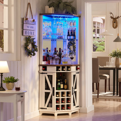 OKD Corner Bar Storage Cabinet, 72" Tall Farmhouse Wine Bar Cabinet w/Barn Door & Adjustable Shelves for Home w/LED Lights & Glass Rack for Dining Room, Living Room, Kitchen, Antique White - WoodArtSupply