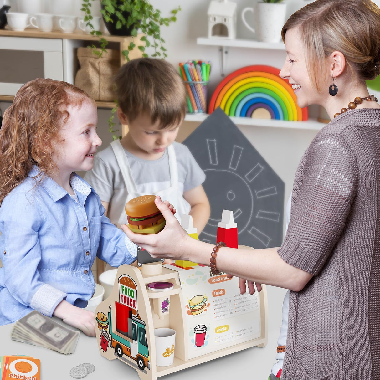 Victostar Wooden Play Food Set (58 pcs) Slice & Stack Sandwich Counter, Pretend Play Store Food Toys, Burger Shop Toys for Boys and Girls Victostar