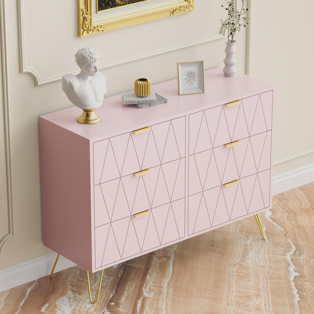 UEV Pink 6 Drawer Dresser,Modern Dresser Chest with Wide Drawers and Metal Handles,Wood Storage Chest of Drawers for Bedroom,Entryway,Hallway (Pink, 6 Drawer) UEV