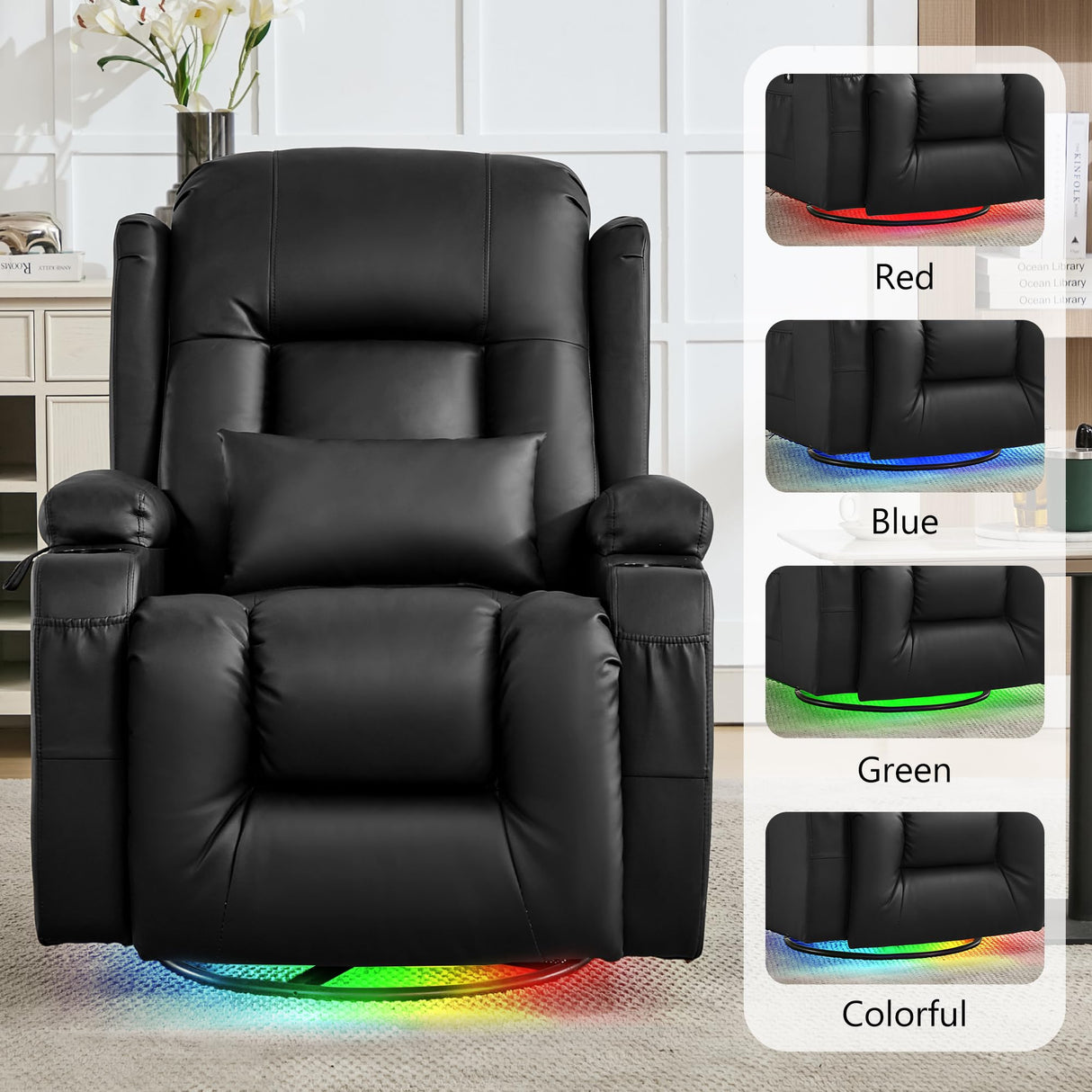 URRED Rocker Recliner Chair for Adults, 360° Swivel Glider Reclining Single Sofa with LED Ambient Light, Cup Holders and Side Pockets, Faux Leather Recliner for Living Room or Home Theater, Black URRED