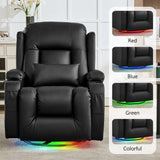 URRED Rocker Recliner Chair for Adults, 360° Swivel Glider Reclining Single Sofa with LED Ambient Light, Cup Holders and Side Pockets, Faux Leather Recliner for Living Room or Home Theater, Black URRED