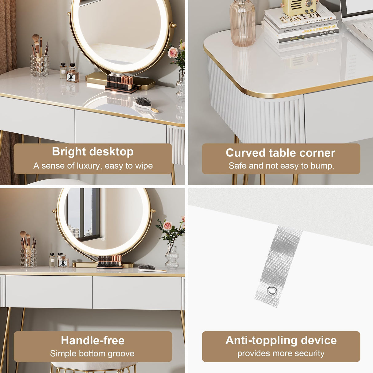 KDCAS Modern Vanity Desk with Mirror and Lights, 39" White and Gold Makeup Vanity Table with 2 Storage Drawers, Stylish Gold Dressing Table for Small Spaces & Bedroom KDCAS