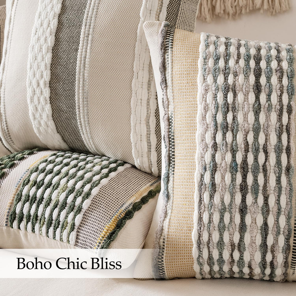 ANRODUO Pack of 2 Boho Decorative Throw Pillow Covers 18x18 Farmhouse Cushion Case Striped Chenille Pillow Cases Square Pillow Covers Accent Neutral Pillowcase for Sofa Couch Bed, Olive Green Stripe ANRODUO