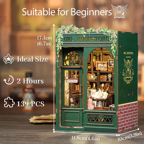 Cutefun Book Nook Kit - DIY Miniature House Kit for Bookshelf Decor, Book Nook Kits for Adults & Beginners, 3D Wooden Puzzle Dollhouse, Ideal Gift for Family and Friends (OWL Bookstore) Cutefun