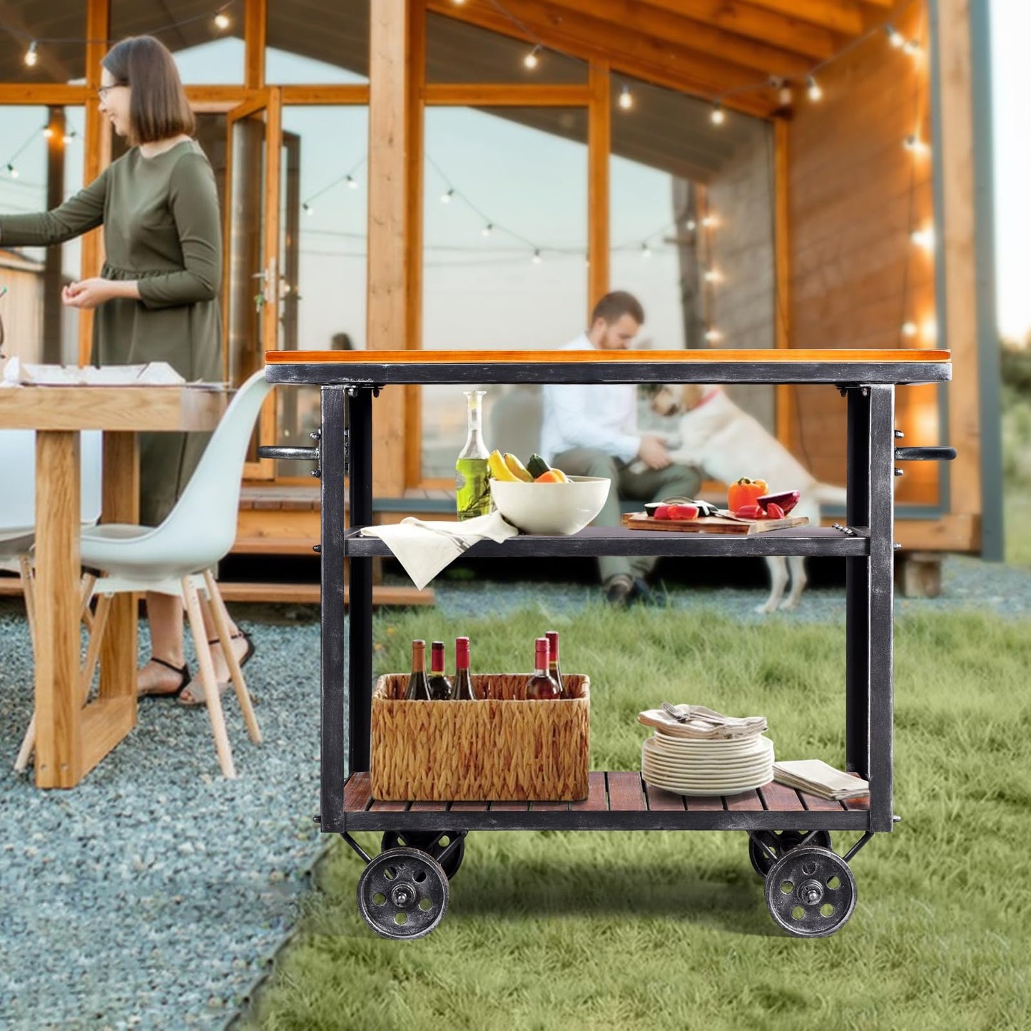 BOKKOLIK Vintage Rolling Bar Cart on Wheels Industrial Mobile Serving Cart Metal and Wood Design for Kitchen Bar Office Coffee House 36.2" Lx15.75 Wx30.5 H 3 Tier with 2 Side Handle