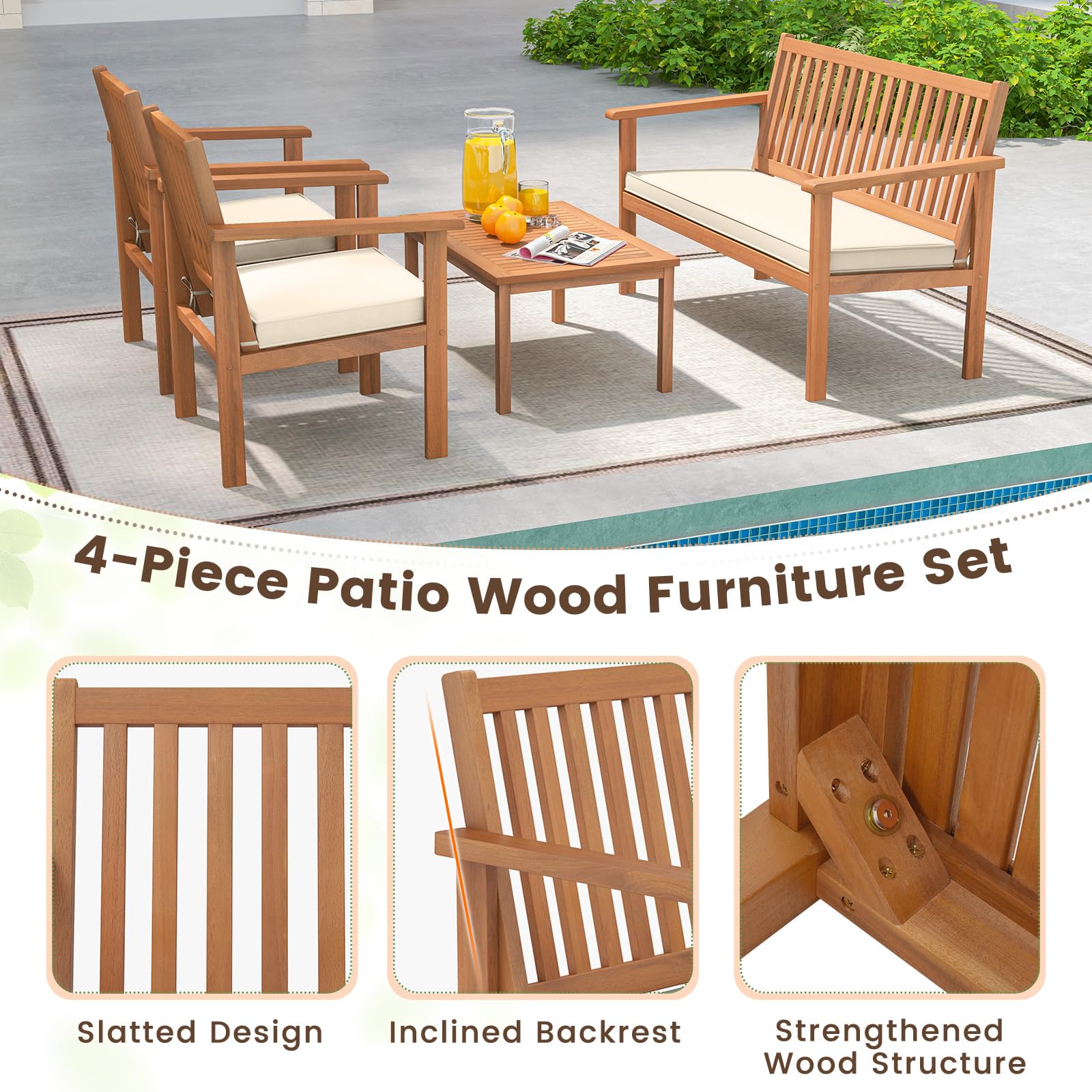 Tangkula 4 Piece Patio Wood Furniture Set, Acacia Wood Sofa Set w/Loveseat, 2 Chairs & Coffee Table, Soft Seat Cushions, Outdoor Wood Furniture Set for Porch, Yard, Balcony (Off White) - WoodArtSupply