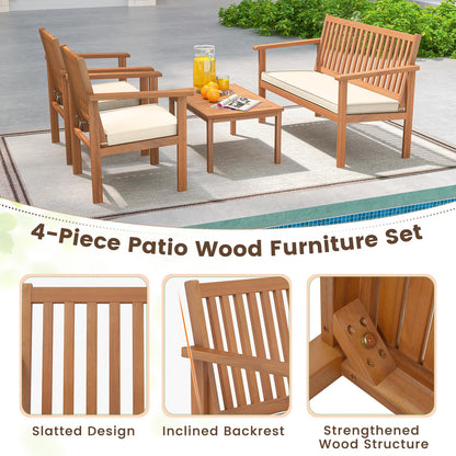 Tangkula 4 Piece Patio Wood Furniture Set, Acacia Wood Sofa Set w/Loveseat, 2 Chairs & Coffee Table, Soft Seat Cushions, Outdoor Wood Furniture Set for Porch, Yard, Balcony (Off White) - WoodArtSupply