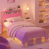 Weehom Twin Bed Frames for Kids with 2 Tiers Wood Storage Shelves Headboard, Twin Size Bed No Box Spring Needed Under Bed Storage Space Metal Platform for Girls and Adults, Pink Weehom