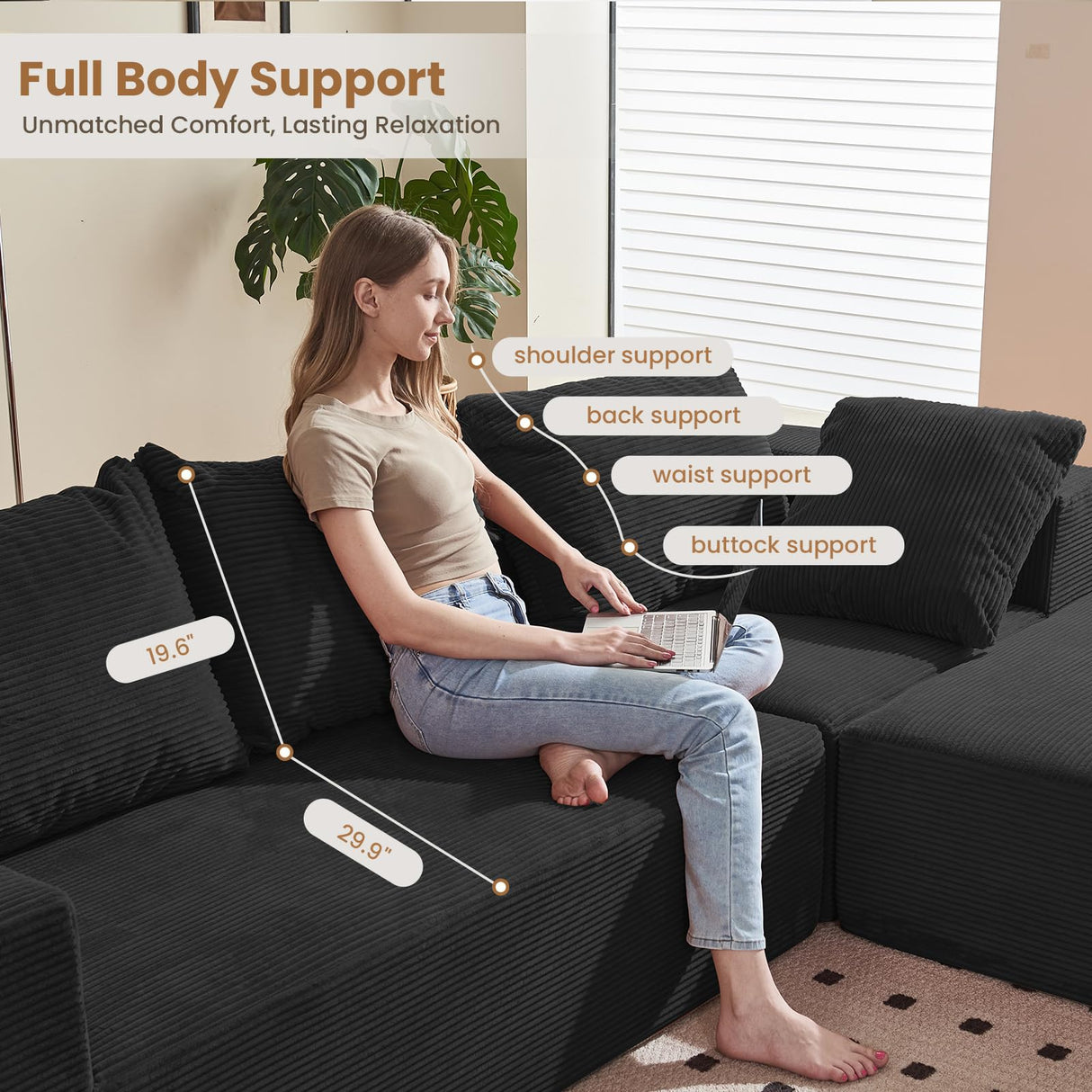Modular Sectional Sofa, 108" L-Shaped Boneless Couch with Deep Seat, Corduroy Cloud Couch for Living Room, Bedroom, No Assembly Required, Ship in a Box, Black RUMBALUXY