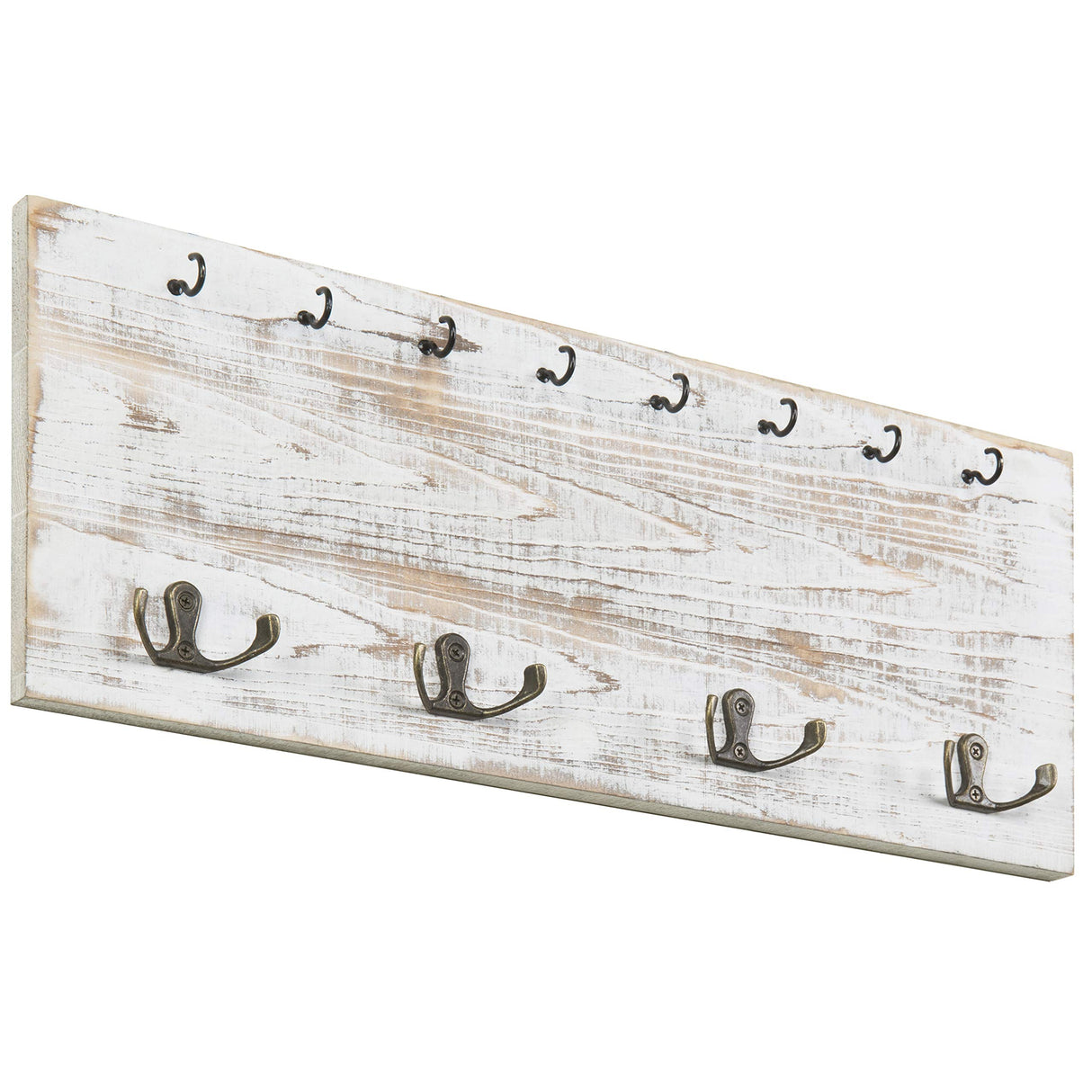 MyGift Coat and Key Hook Wall Organizer, Whitewashed Wood Mounted Coat and Key Holder Rack with 16 Hook, Farmhouse Entryway Hanging Organizer MyGift