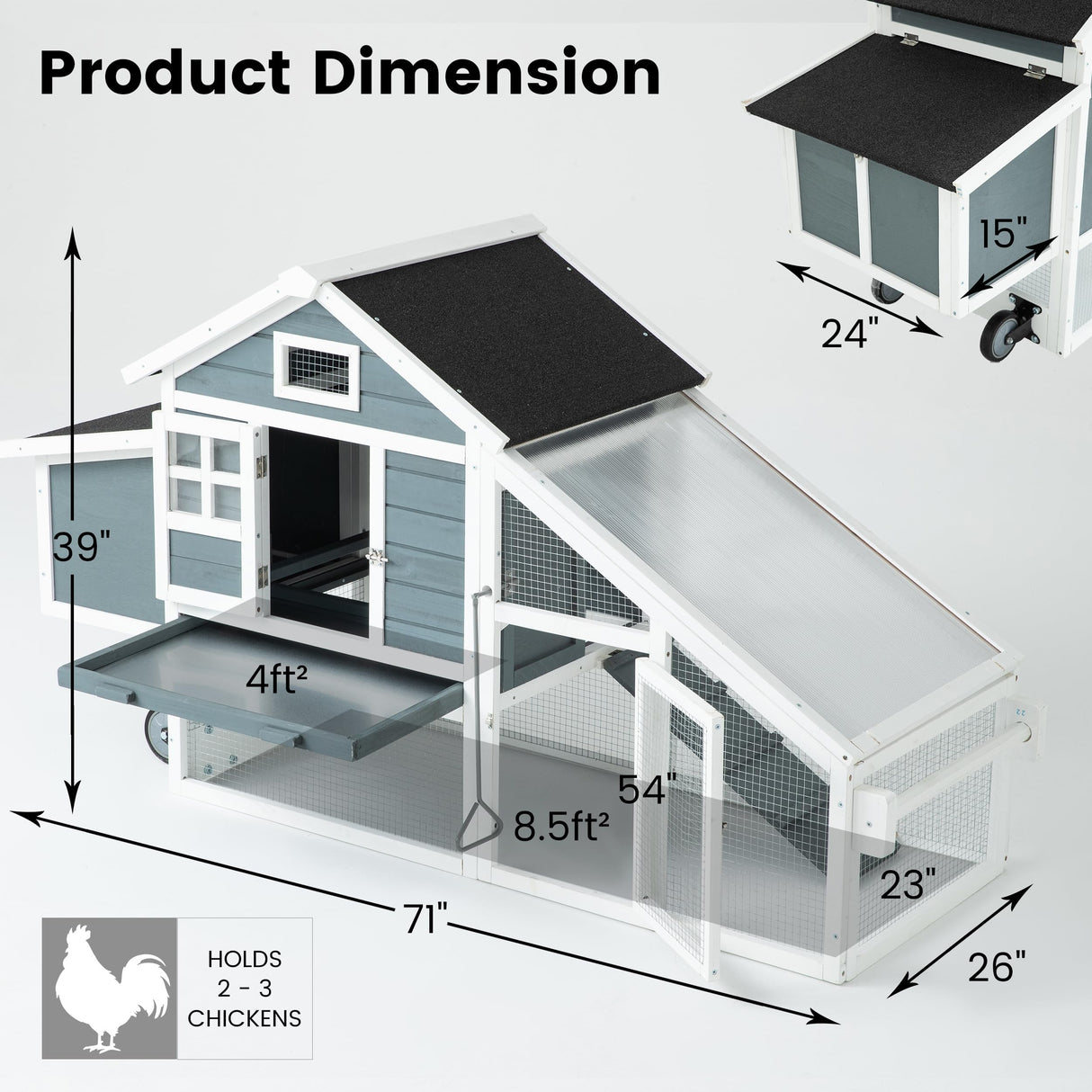 TAKUKA Outdoor Mobile Wooden Chicken Coop with Removable Run and Tray，Small Animals Rabbit Hutch with Nest Box, 2 Story Duck Quail Cage Hutch with Wheel Weatherproof for Backyard (71W*26W*39H) TAKUKA