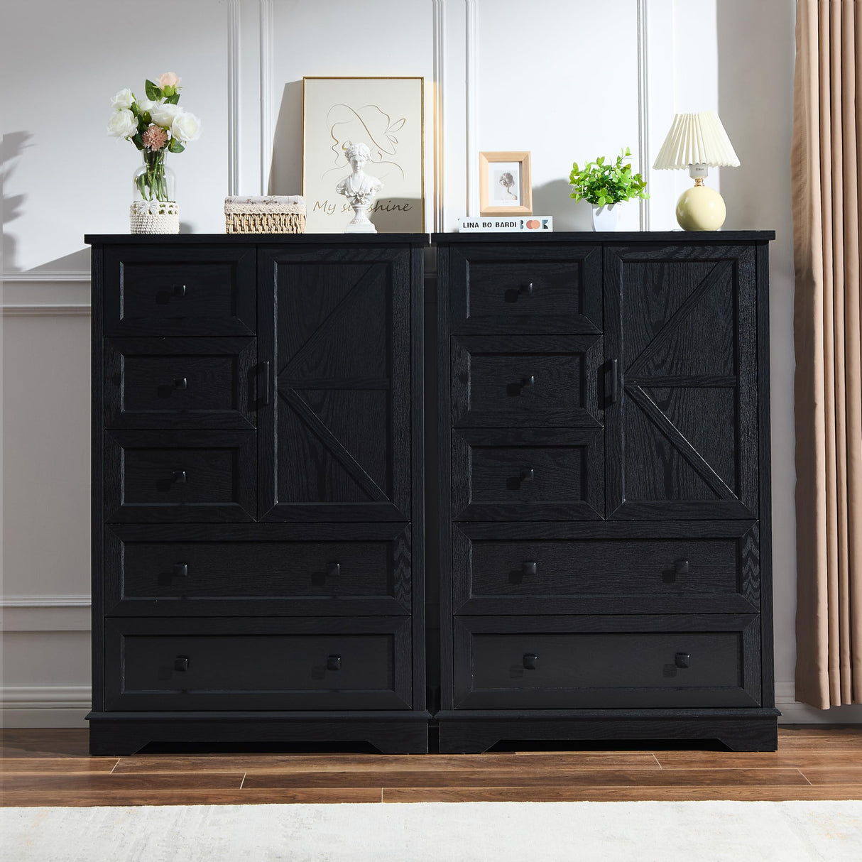 SOOWERY Dresser for Bedroom, Farmhouse Dresser with 5 Wooden Drawers and Storage Cabinet, 48 Inches Tall Chest of Drawers for Bedroom, Living Room, Hallway, Black SOOWERY