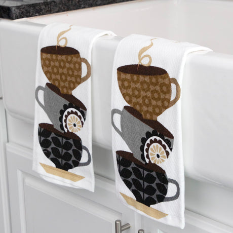 T-fal Textiles Double Sided Print Woven Cotton Kitchen Dish Towel Set, 2-pack, 16" x 26", Coffee Cups Print T-Fal