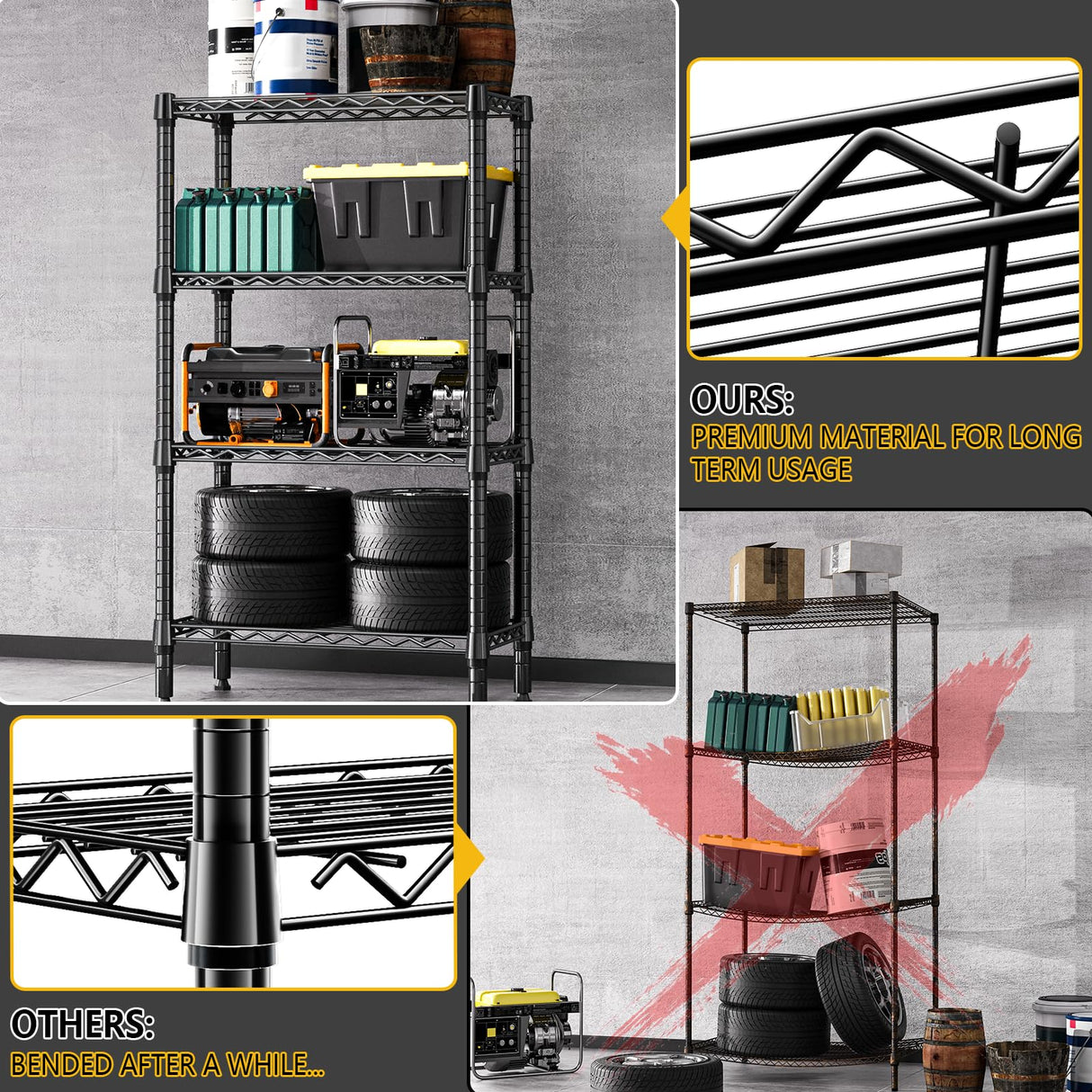 M MZG 1000 lbs 4 Tier Shelf Metal Storage Shelves Wire Rack Closet Organizers for Garage Kitchen Bathroom Laundry Black 11.8" D x 25.6" W x 45.5" H M MZG