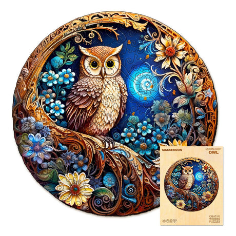 masseruon Wooden Puzzles for Adults-Moonlight Owl, Unique Shaped Jigsaw Puzzles for Adult(M, 190pieces, 11.4x11.4in), Beautiful Animal Shaped Wood Puzzles, Christmas Family Game Birthday Gift masseruon