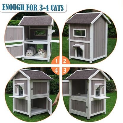 Rockever Outdoor Cat House, 2 Story Outdoor Houses for Feral Cats Wooden Outside Cat Shelter Weatherproof with Escape Door - WoodArtSupply