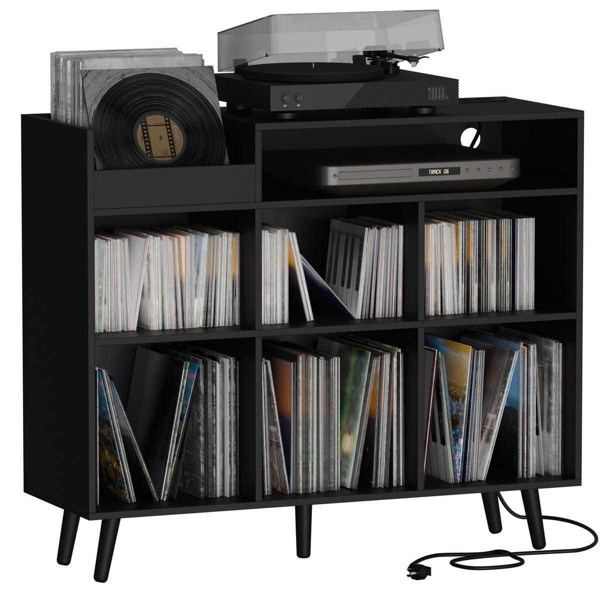 Cozy Castle Record Player Stand, Turntable Shelf with Vinyl Storage up to 500 Albums, Vinyl Record Player Shelf with Power Outlet Sideboard Buffet Cabinet with Storage Accent Cabinet, Black Cozy Castle
