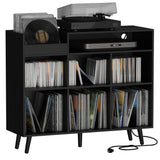 Cozy Castle Record Player Stand, Turntable Shelf with Vinyl Storage up to 500 Albums, Vinyl Record Player Shelf with Power Outlet Sideboard Buffet Cabinet with Storage Accent Cabinet, Black Cozy Castle