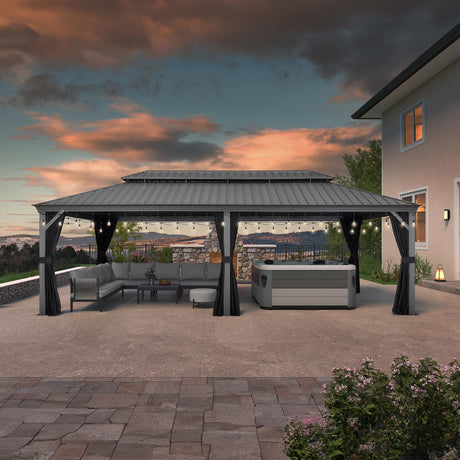 PURPLE LEAF 12' x 24' Patio Hardtop Gazebo with Light Metal Roof Heavy Duty Wind Resistance Outdoor Permanent Large Pavilion Gazebo for Patio Deck and Garden, Netting and Curtains Included, Light Grey PURPLE LEAF