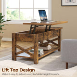 Rolanstar Coffee Table 47.2", 2 Way Lift Top Coffee Table with Hidden Compartment, Lift Top Coffee Table with Open Shelf & X Wooden Support, Center Table for Living Room, Rustic Brown Rolanstar