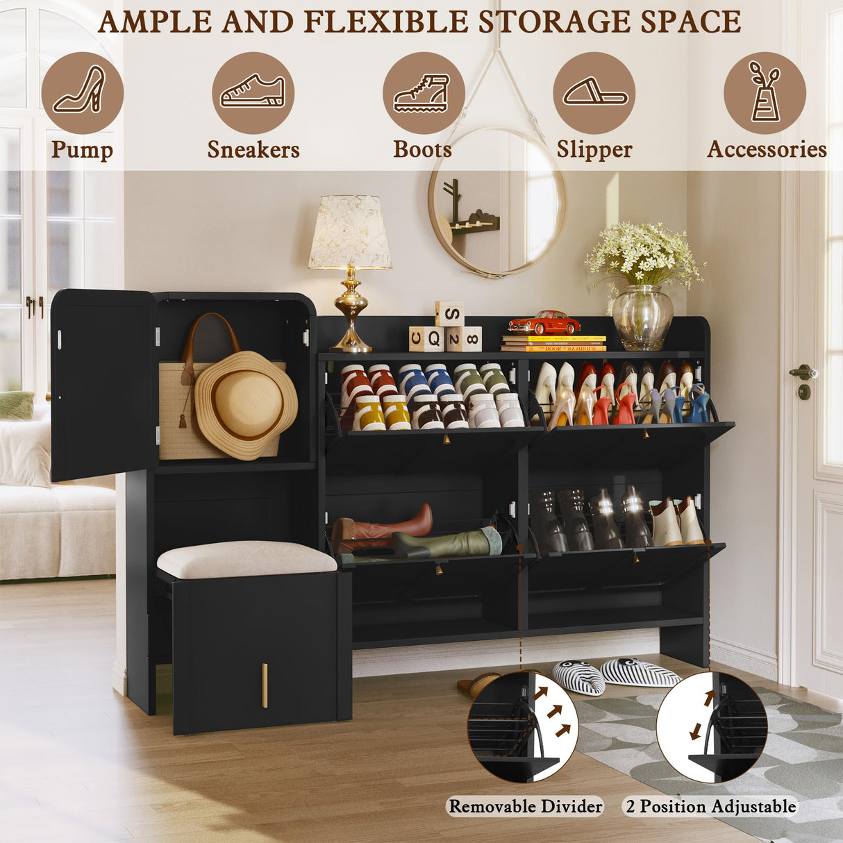 MOIANJI Modern Shoe Cabinet with 4 Flip Drawers, Large Shoe Storage Cabinet with Hidden Stool & Adjustable Shelves, Wood Shoe Rack Organizer for Entryway Foyer Hallway Living Room, Black MOIANJI