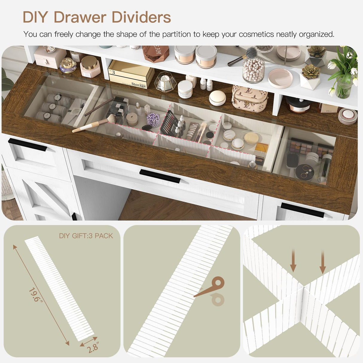 usikey Farmhouse Vanity Desk with Large Lighted Mirror and 10 Lights, 43.3" Glass Tabletop Makeup Vanity with 3 drawers, Large Vanity Tabel Set with Long Shelf, 2 Cabinets and Stool, Antique White usikey