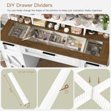 usikey Farmhouse Vanity Desk with Large Lighted Mirror and 10 Lights, 43.3" Glass Tabletop Makeup Vanity with 3 drawers, Large Vanity Tabel Set with Long Shelf, 2 Cabinets and Stool, Antique White usikey