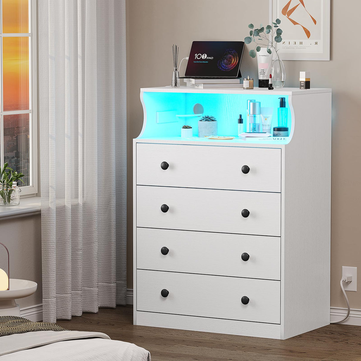 Hasuit White Dresser with Charging Station, LED Dresser with 4 Large Drawers, Chest of Drawers with Open Space, Large Capacity Tall Storage Cabinet, White Dresser for Bedroom Hasuit