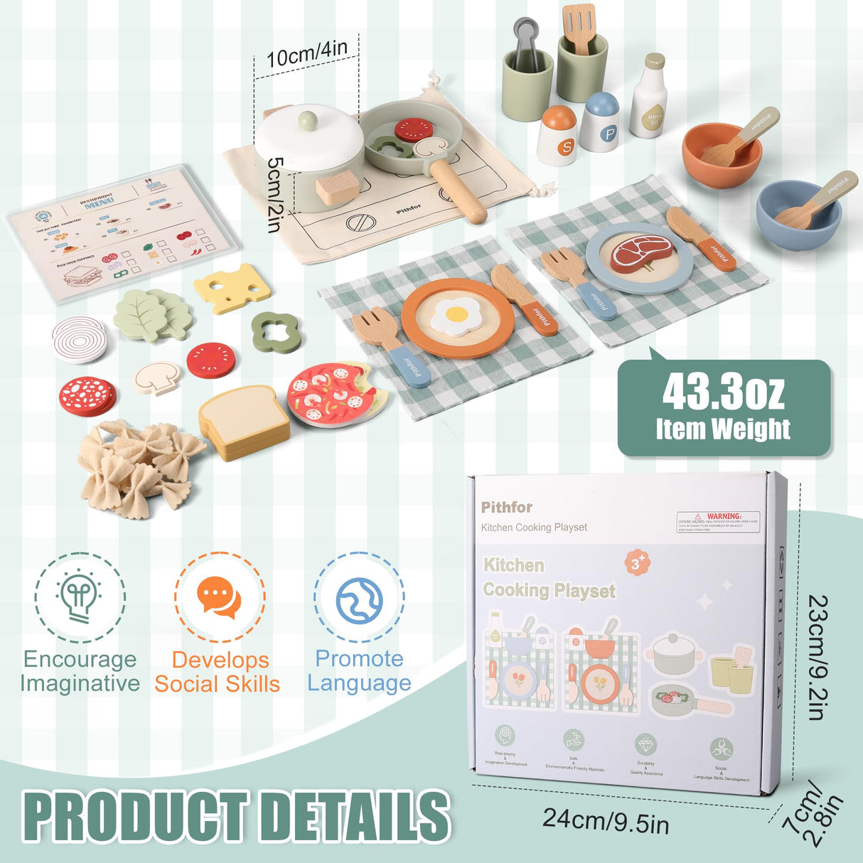 Pithfor Wooden Play Cooking Set, Pretend Play Kitchen Accessories Toys Set for Kids Toddlers, Including Play Dishes, Pot and Pan, Utensils, Gifts for 3 4 5 Years Old Girls Boys Pithfor