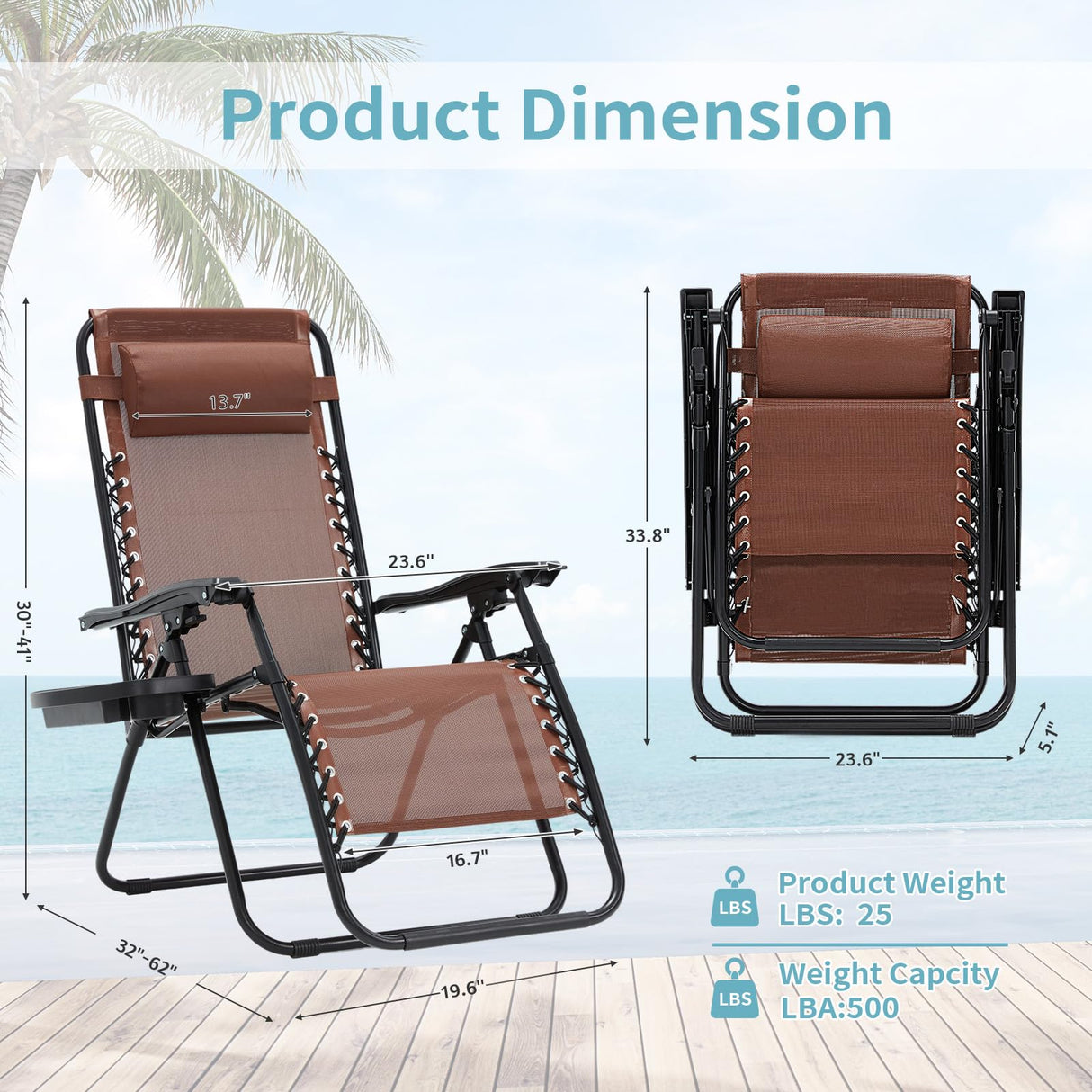 Zero Gravity Chair Set of 2, Folding Reclining zero gravity recliner lounge Chair 330lbs with Pillow and Cup Holder Trays, Steel Mesh outdoor recliners for patio Poolside Backyard Beach (Brown) BUPPLEE