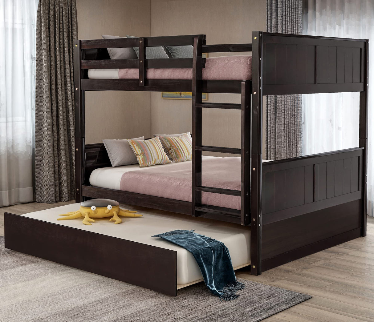 Merax Full Over Full Bunk Bed with Trundle,Wooden Trundle Bed Frame with Ladder Safety Guardrail,Convertible to 2 Platform Beds for Kids Teens,Espresso Merax