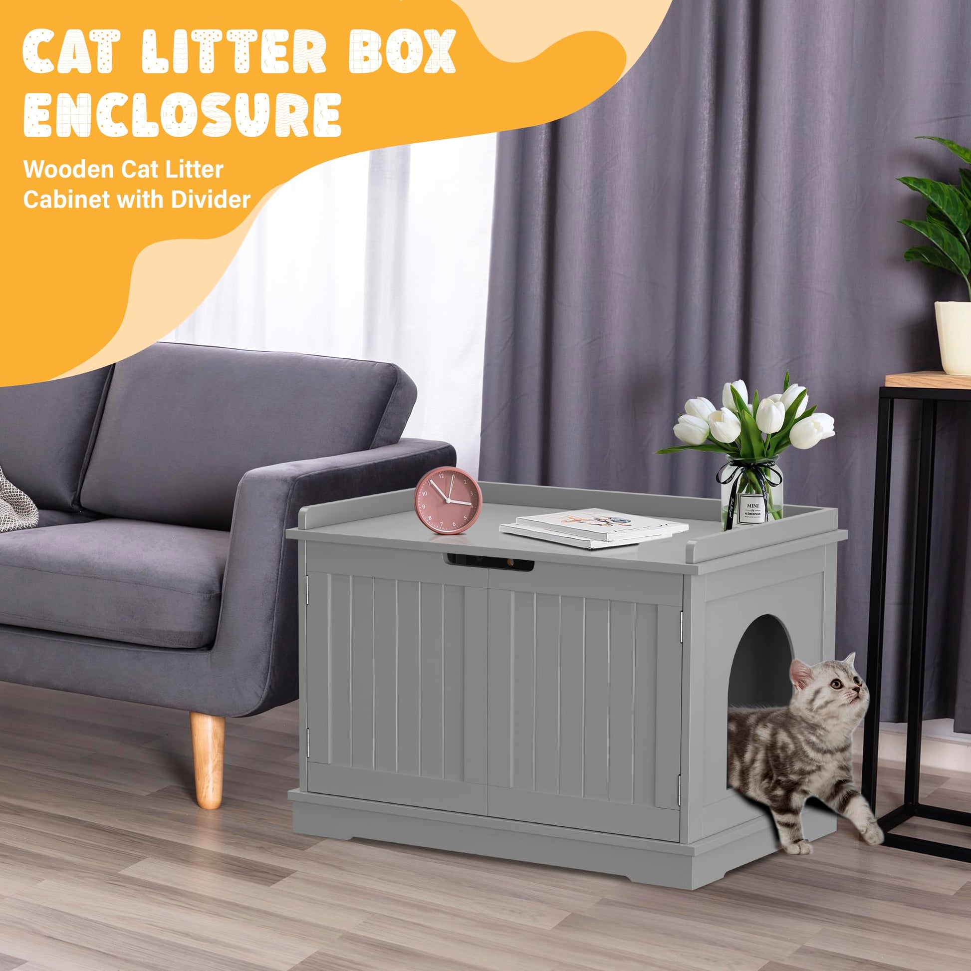 ZENY Cat Litter Box Enclosure, Cat Litter Box Furniture Hidden, Wooden Cat Litter Cabinet with Divider, Modern Cat Washroom Storage Bench，Fit Most of Litter Box, Gray - WoodArtSupply