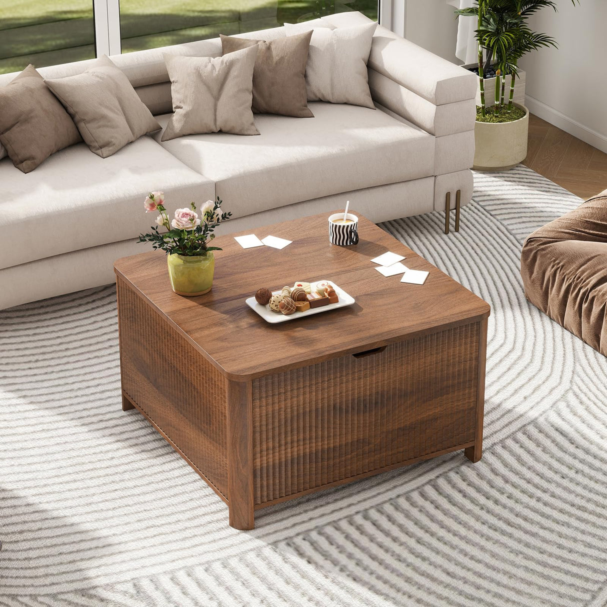 LYNCOHOME 31.5" Fluted Lift Top Coffee Table with Storage, Square Coffee Tables for Living Room, Coffee Table with Large Hidden Storage Compartment and Adjustable Shelves，Walnut LYNCOHOME