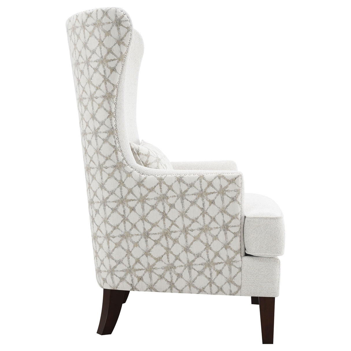 Coaster Home Furnishings - Pippin - Upholstered High Wingback Accent Chair with Brown Wood Legs, Track Arms, Removable T-Cushion, Geometric Pattern and Nailhead Trim - Living Room - Latte - 904066 Coaster Home Furnishings