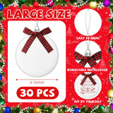 PullCrease 30 Pieces Blank Christmas Ornaments for Crafting, Sublimation Flat Ornaments DIY Matte White Ornaments Buffalo Plaid Bows Hanging Christmas Tree Balls for DIY Crafts (Silver Rope) PullCrease