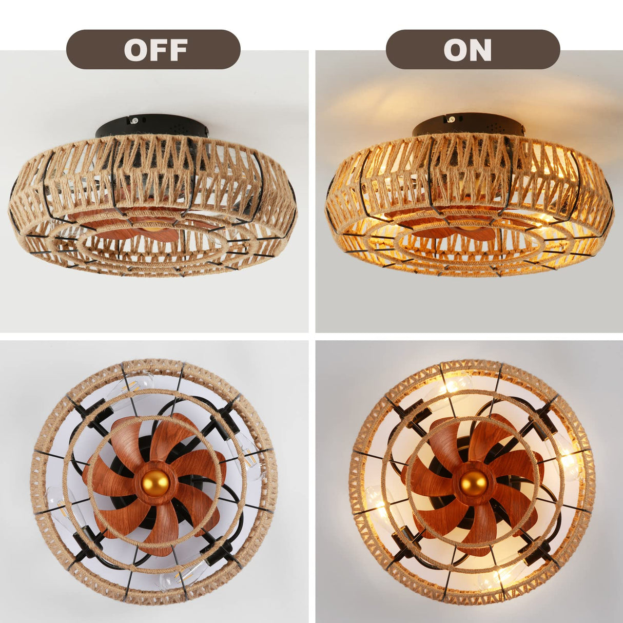 Letmarey 20" Caged Ceiling Fans with Lights and Remote, Boho Flush Mount Ceiling Fan with Light, Low Profile Chandelier 6 Speed Bladeless Reversible Ceiling Fan w/ 4 Bulbs. for Living Room Bedroom. Letmarey