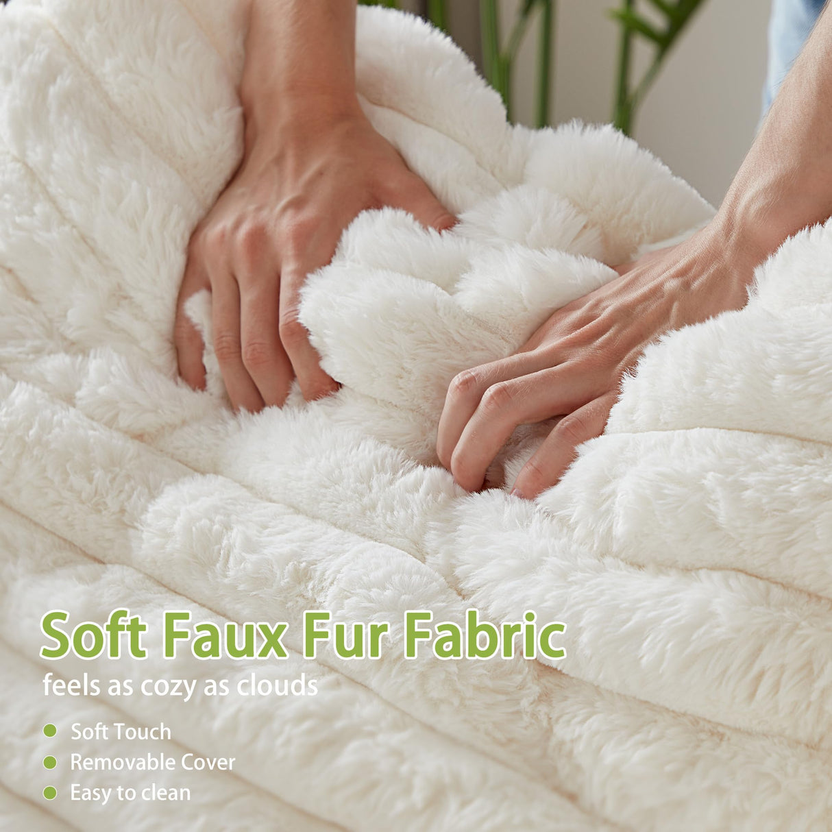 RARZOE 64'' Oversized Chaise Lounge Chair Indoor, Plush Faux Rabbit Fur Sleeper Sofa Bed with 4 Pillows, Charging Station & Cup Holders, Fluffy Comfy Cloud Couch Loveseat Sofa for Living Room,Beige RARZOE