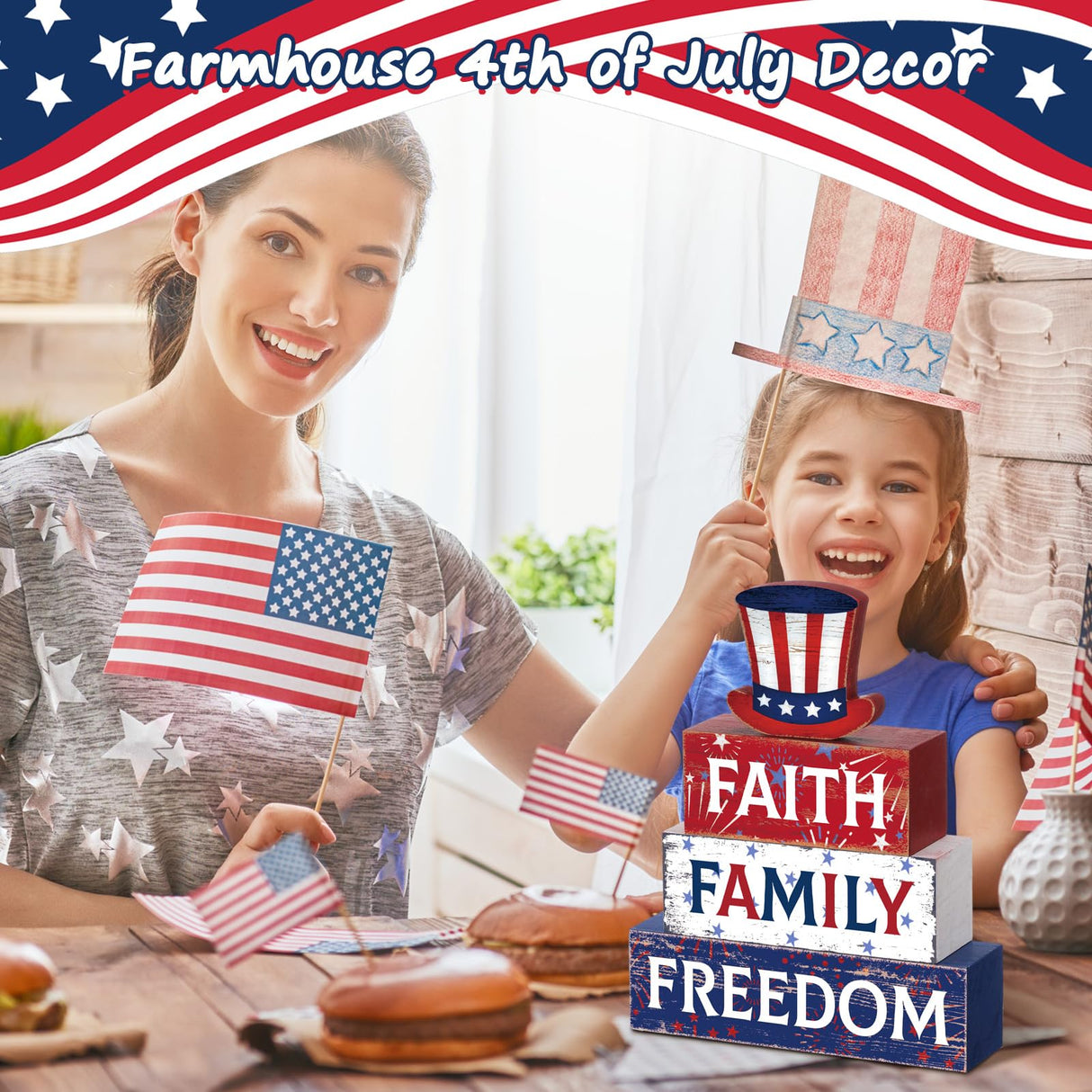 Huquary 4 Pcs Farmhouse 4th of July Patriotic Table Sign Independence Day Table Wood Decorations Patriotic Themed Rustic Farmhouse Wood Block Sign for Party Home Desk (Hat) Huquary