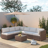 7 Piece Patio Furniture Set, Outdoor Couch Set—All-Weather Outdoor Furniture Sectional w Water Resistant Thick Cushions, Patio Sofa Set w 2 Extra Pillows and Coffee Table (Beige & Brown, 7PCS) Naga Bahna