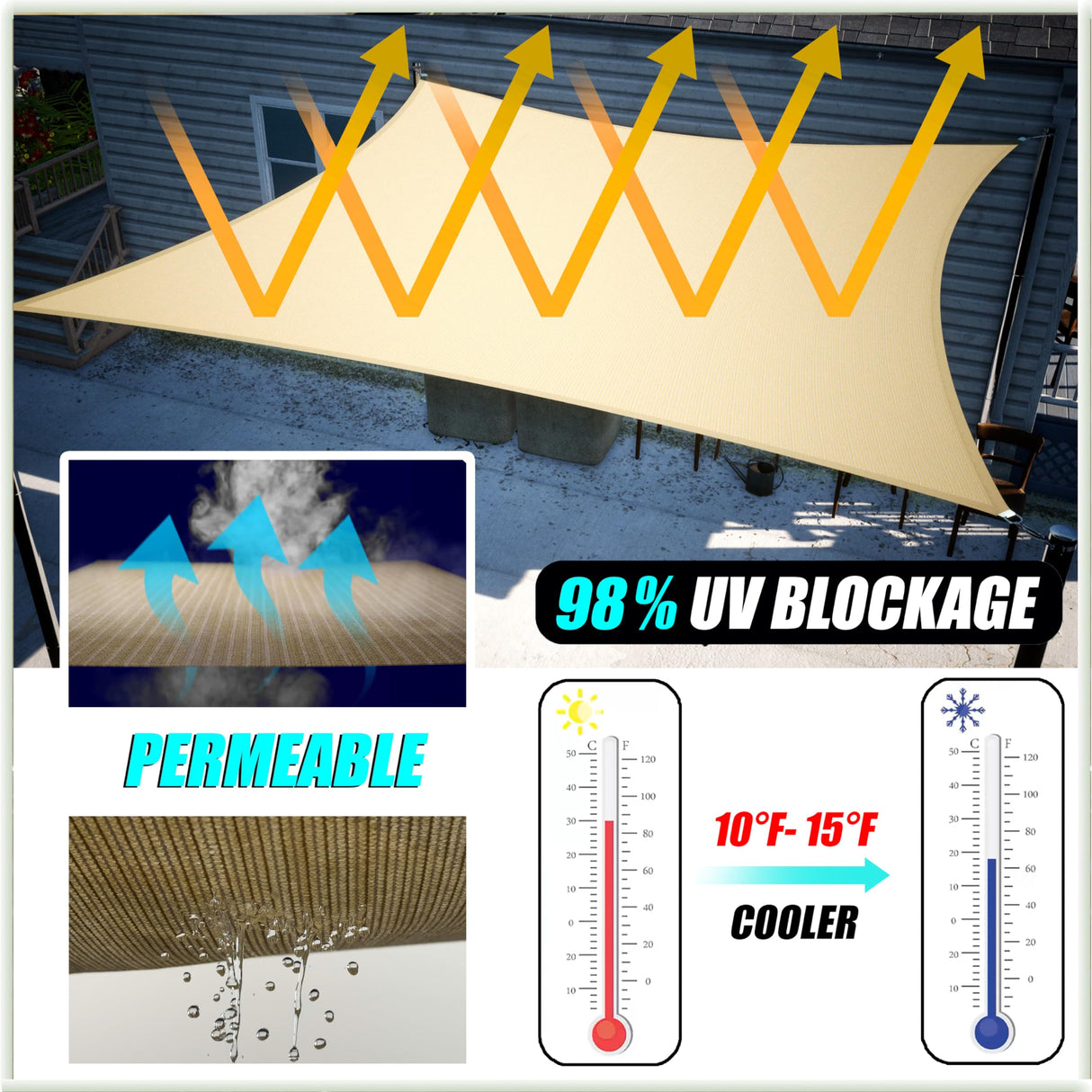 Amgo 14' x 14' Beige Square Sun Shade Sail Canopy Awning, UPF50+ AGTAPS14, 95% UV Blockage, Water & Air Permeable, Commercial and Residential, 3 Years Warranty (We Make Custom Size) Amgo