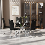 KATBOC 7-Piece Dining Table Set for 6, Modern Rectangular Glass Table with 6 Upholstered Leather Chairs, Space-Saving Dining Room Furniture Table & Chair Sets for Small Spaces&Apartment(Black&Silver) KATBOC
