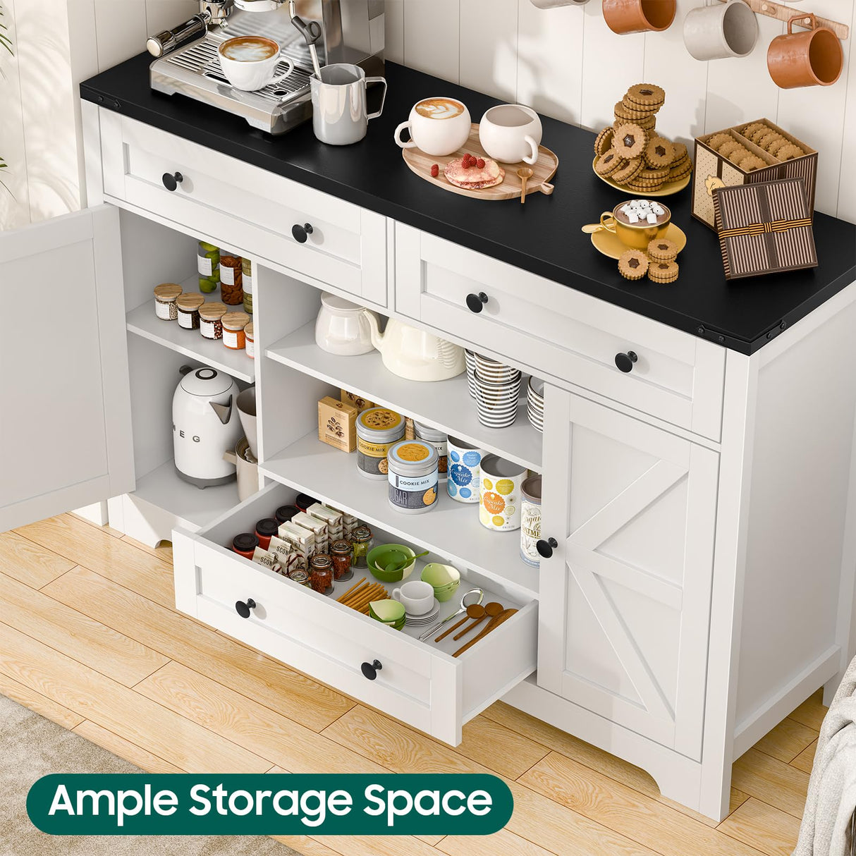 Vabches Farmhouse Sideboard Buffet Cabinet, Kitchen Storage Cabinet with 3 Large Drawers and 2 Doors Wood Rustic Sideboard Buffet Cabinet for Kitchen, Living Room, White Vabches