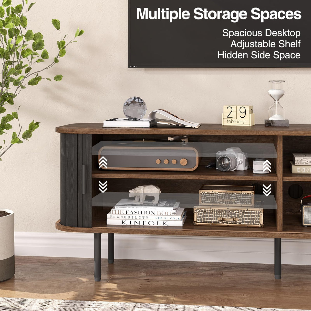 63" Modern Fluted TV Stand for TVs up to 75 Inch , Gaming Entertainment Center with Tambour Slatted Sliding Doors and Storage Cabinet, Media TV Consoles Table for Living Room, Office, Black FiveWillowise